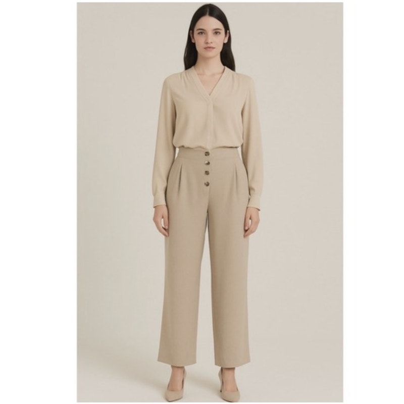 Loft High Rise Wide Leg Cropped Button Front Beige Tan Pants Size 6